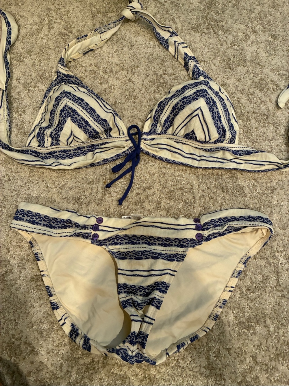 Robin Piccone Blue and Cream Striped Halter Bikini Set